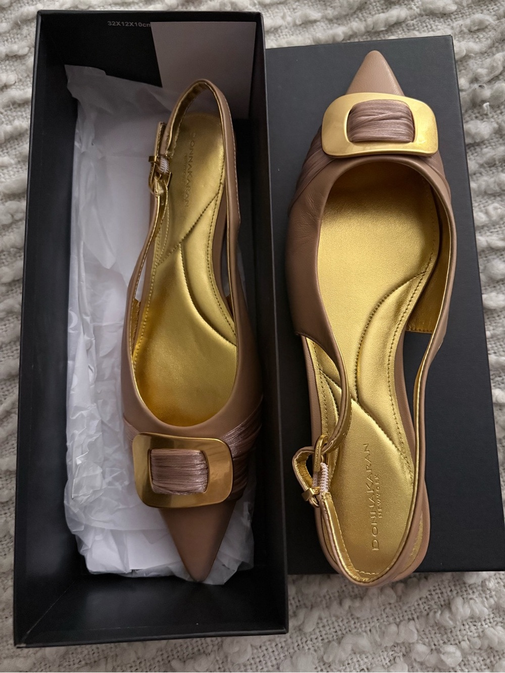 Donna Karan Tan Leather Pointed-Toe Slingback Flats with Gold Buckle